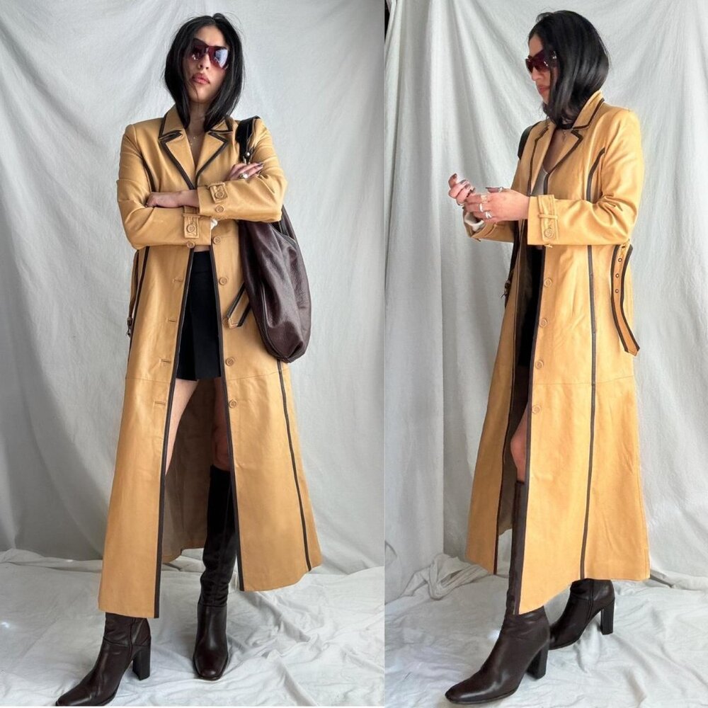 Newport News Camel Women's Genuine Leather Long Trench Coat Size M